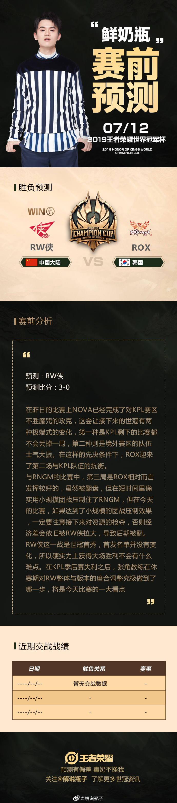 瓶子世冠小组赛胜负预测：看好RW侠 3:0 ROX