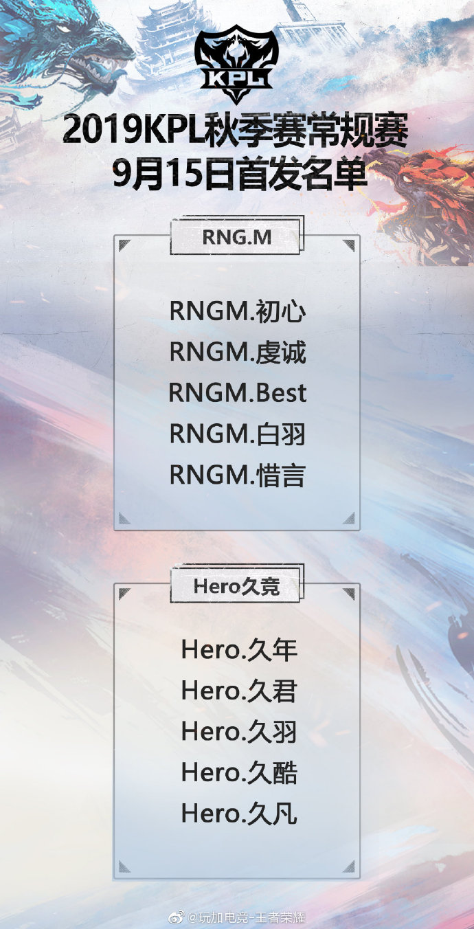 KPL15日首发名单：久诚未首发 Hero、RNG.M全新面孔