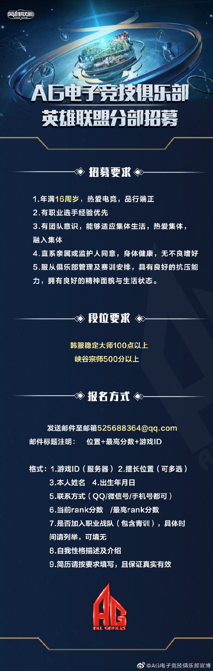 AG电子竞技俱乐部重启英雄联盟分部并招募队员