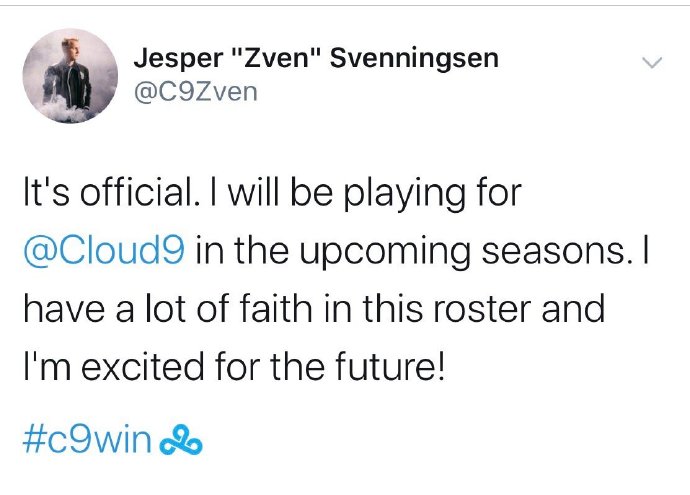 C9消息：Zven加入 打野Svenskeren转会至EG