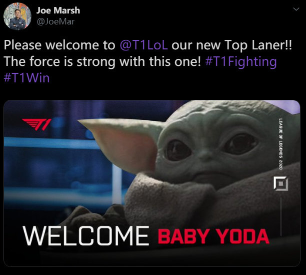 T1老板：欢迎新上单选手Baby Yoda