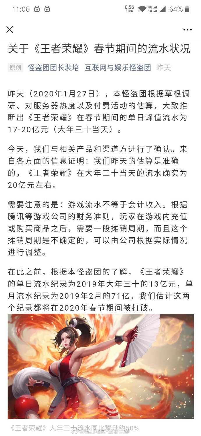 王者荣耀2020年大年三十当日流水达到20亿元，打破2019记录！