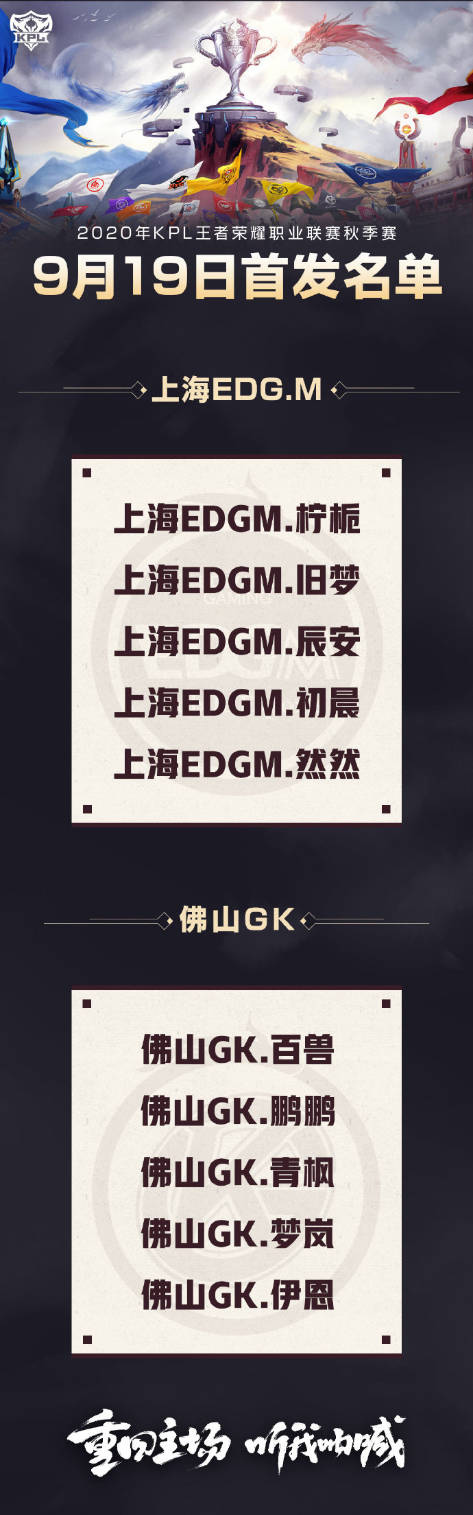 [今日首发] 佛山GK首度登场 重庆QG与DYG上演强强对决