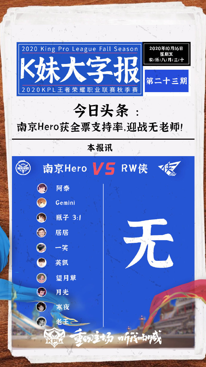 KPL解说预测汇总：全员看好南京Hero久竞 RNG.M支持率更高