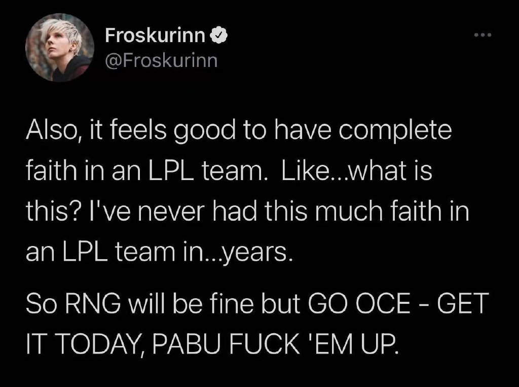 猫猫Froskurinn更推：对一支LPL队伍充满信心的感觉真不错