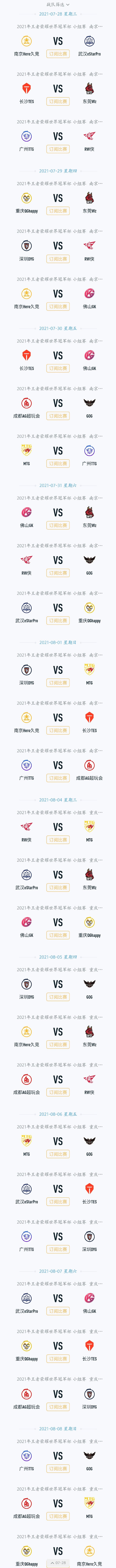 2021王者荣耀世冠小组赛赛程：揭幕战南京Hero对阵武汉ES