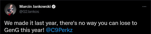 Jankos更推喊话Perkz：你不可能输给GenG