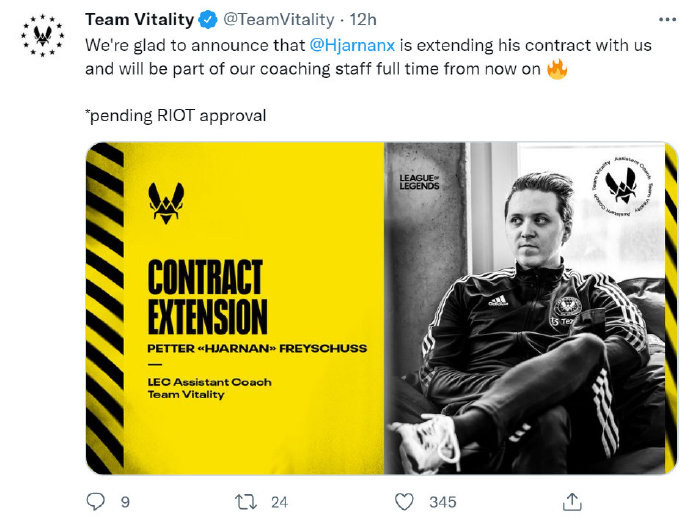 VIT宣布：Hjarnan续约并加入教练组