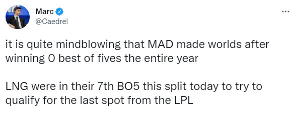 LEC解说Caedrel：MAD全年没赢一个Bo5都能进S赛