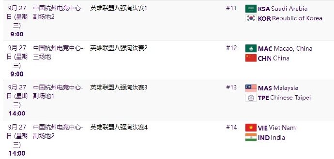 9月27日亚运会赛程预告：英雄联盟项目中国队首战