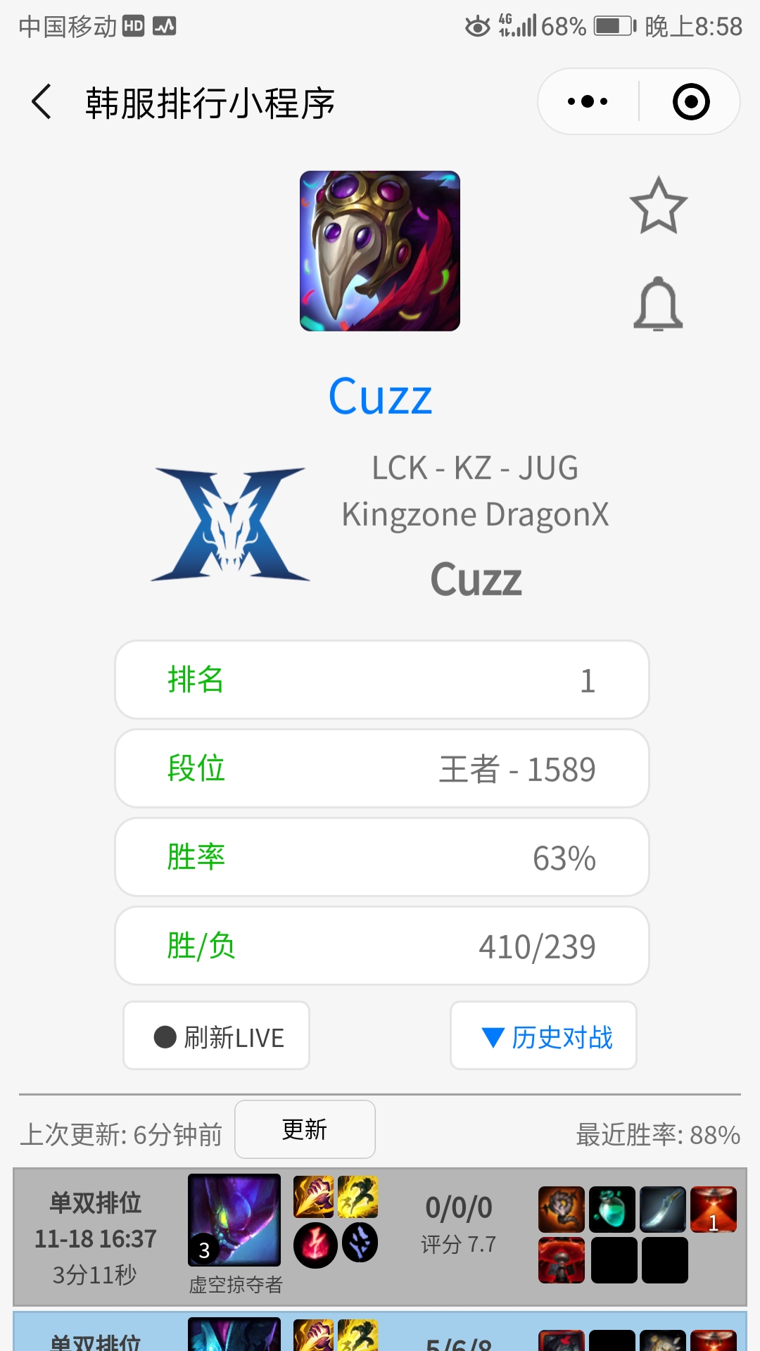 分享一下cuzz，好像是SKT新打野战绩