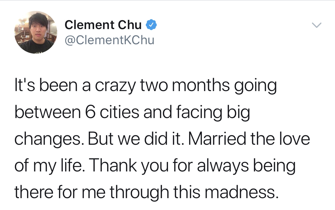LPL英文解说Clement Chu结婚啦