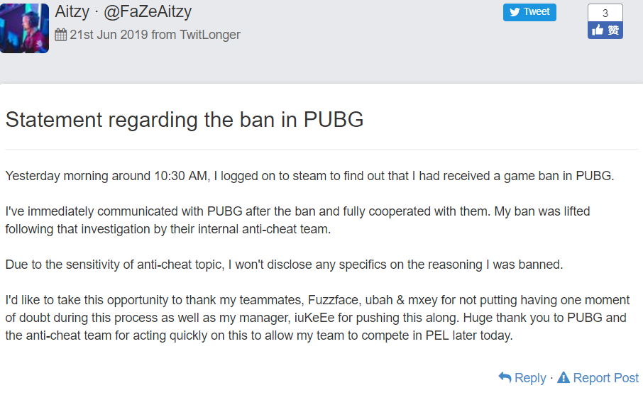 FaZe战队Aitzy回应被封号：由于话题敏感，封禁原因不能透露