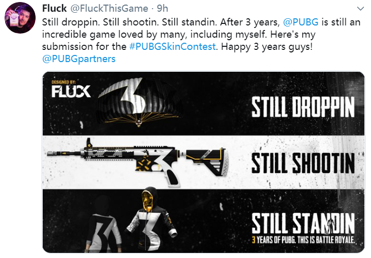 战队联名皮肤设计者Fluck参与周年庆设计：祝PUBG三周年快乐！