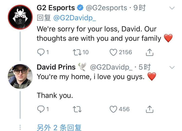 G2选手DavidP父亲在比赛时离世 俱乐部、网友在其推特下留言安慰