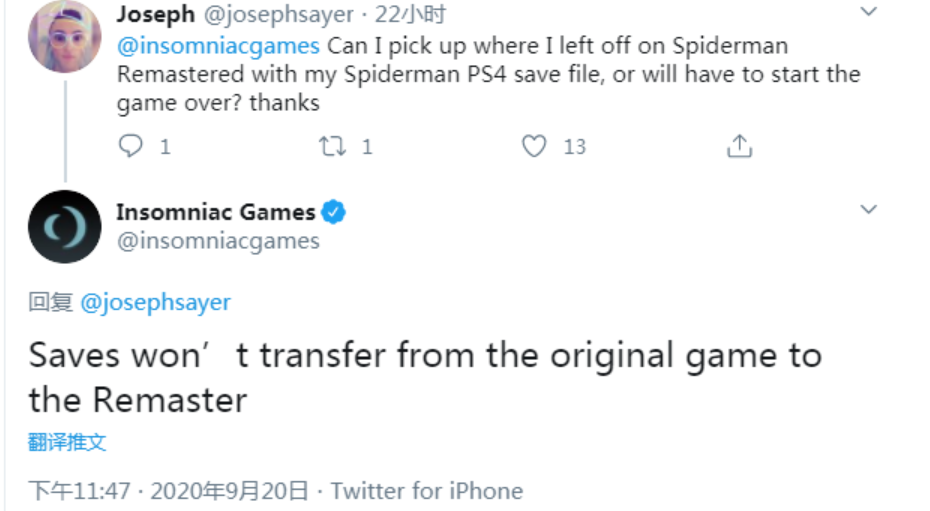 《漫威蜘蛛侠》PS5重制版无法与PS4存档互通
